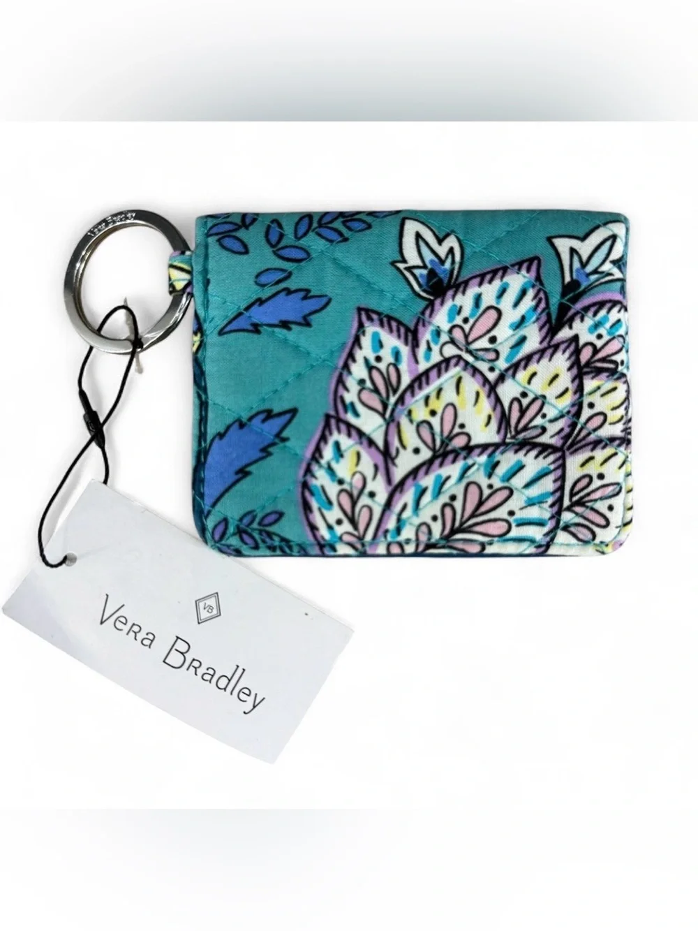 Vera Bradley Campus Double ID Wallet Keychain Peacock Garden Teal Quilted NEW - Picture 8 of 8